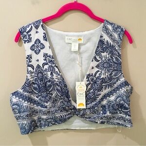 New C&C California Large 100% Linen Cropped Top Blue Paisley Boho Women’s